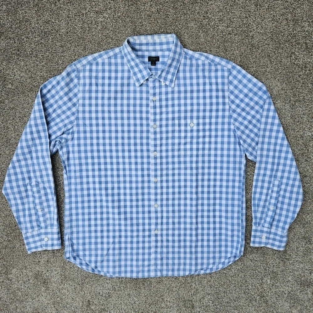 J Crew Classic Gingam Checkered Blue White Button Down Shirt 100% Cotton Mens XL